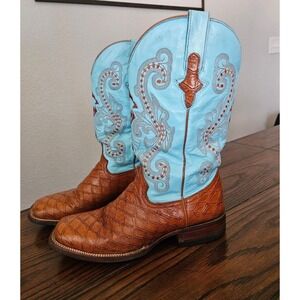 Ferrini Ladies Cigar Leather Cognac And Teal Western Cowboy Boots 10B